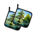 Cypress Tree in the Bayou Blue Pot Holder Set of 2 Heat Resistant Quilted Hot Pads 7.5 x 7.5 Inch, Insulated Kitchen Trivets for Cooking & Baking
