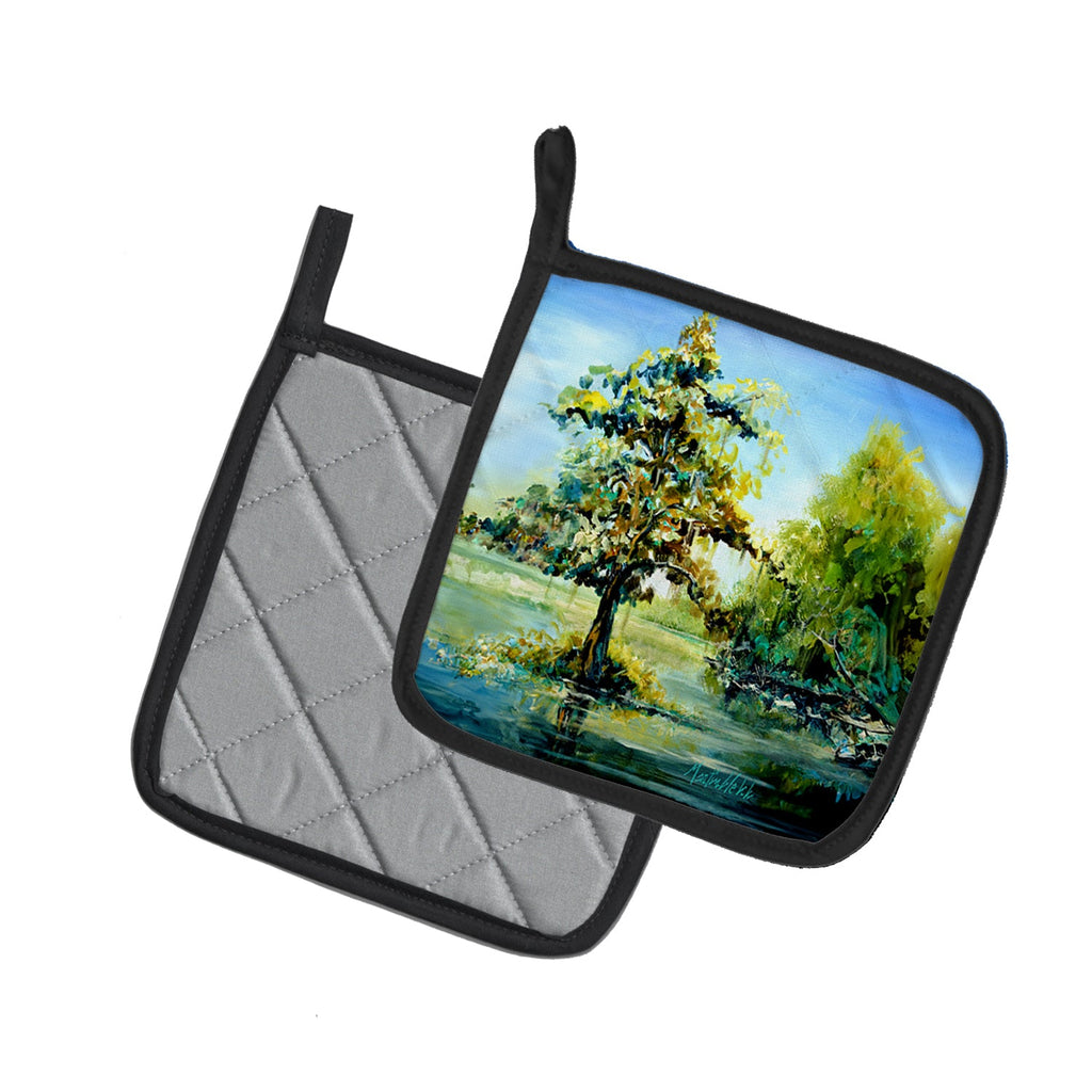 Cypress Tree in the Bayou Blue Pot Holder Set of 2 Heat Resistant Quilted Hot Pads 7.5 x 7.5 Inch, Insulated Kitchen Trivets for Cooking & Baking