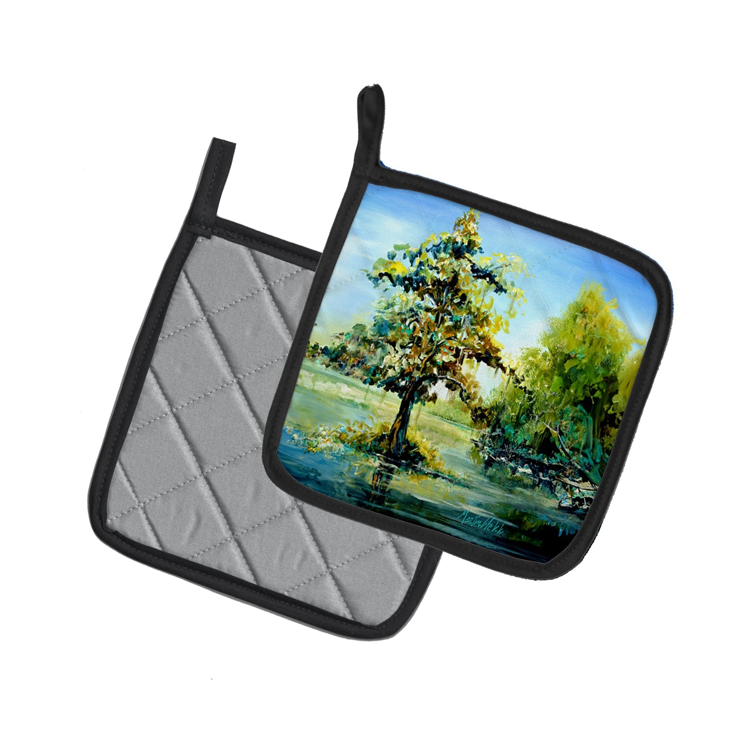 Cypress Tree in the Bayou Blue Pot Holder Set of 2 Heat Resistant Quilted Hot Pads 7.5 x 7.5 Inch, Insulated Kitchen Trivets for Cooking & Baking