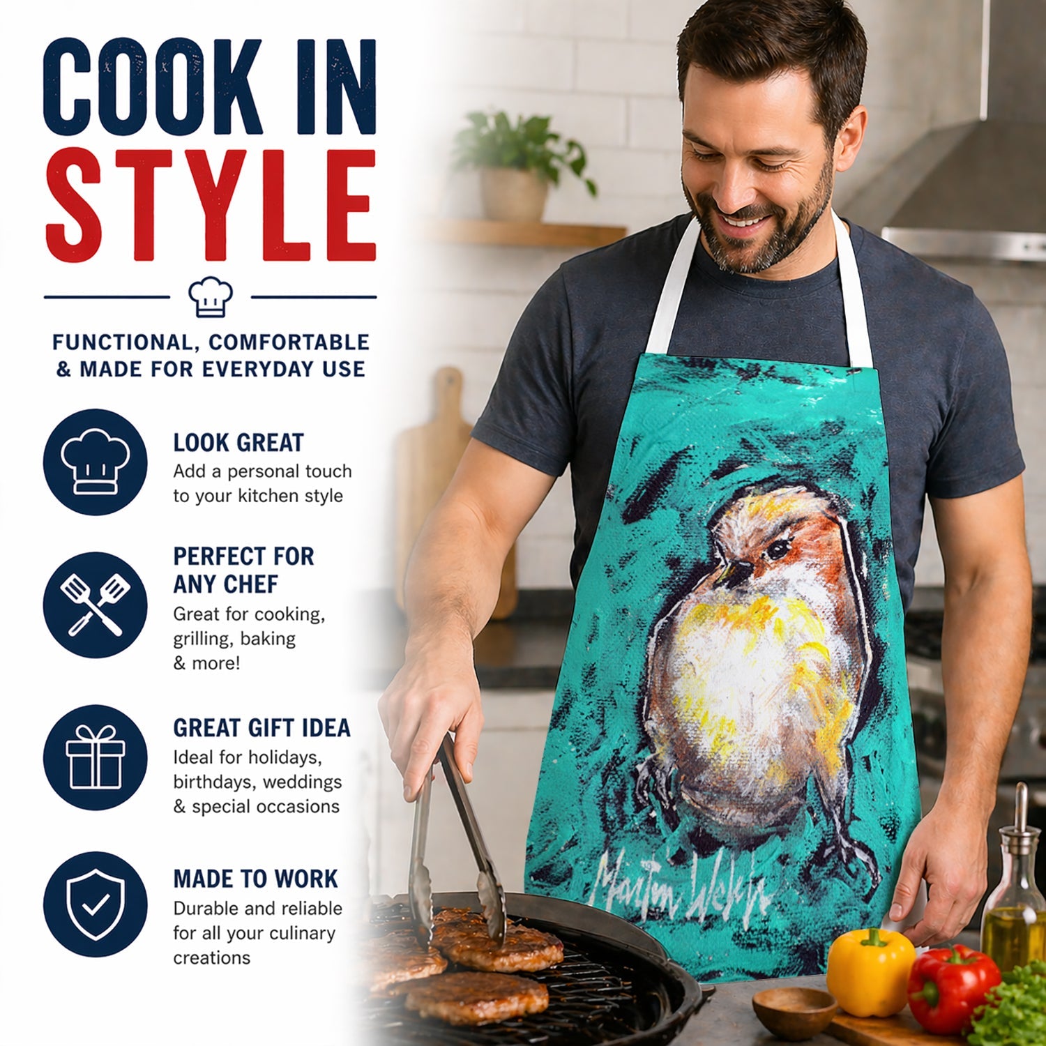 EeewH Bird Apron Cooking Kitchen Server Baking Crafts Gardening for Adult Women Men, Unisex, Large, Multicolor