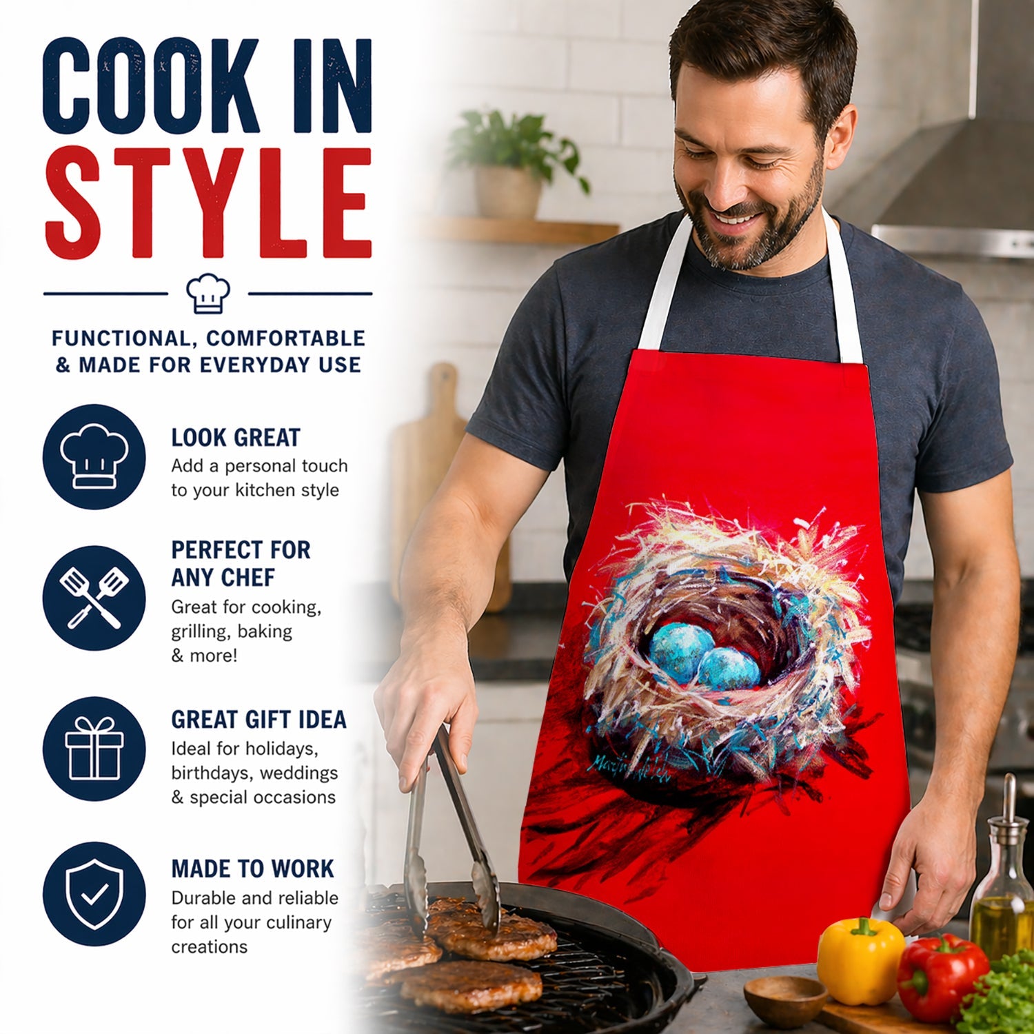 Egg-Stra Special Bird Nest Apron Cooking Kitchen Server Baking Crafts Gardening for Adult Women Men, Unisex, Large, Multicolor