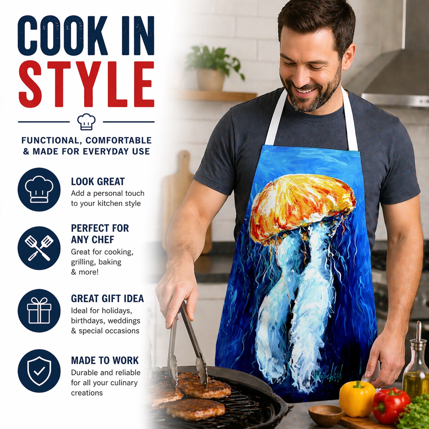 Fanta Sea Jellyfish Apron Cooking Kitchen Server Baking Crafts Gardening for Adult Women Men, Unisex, Large, Multicolor