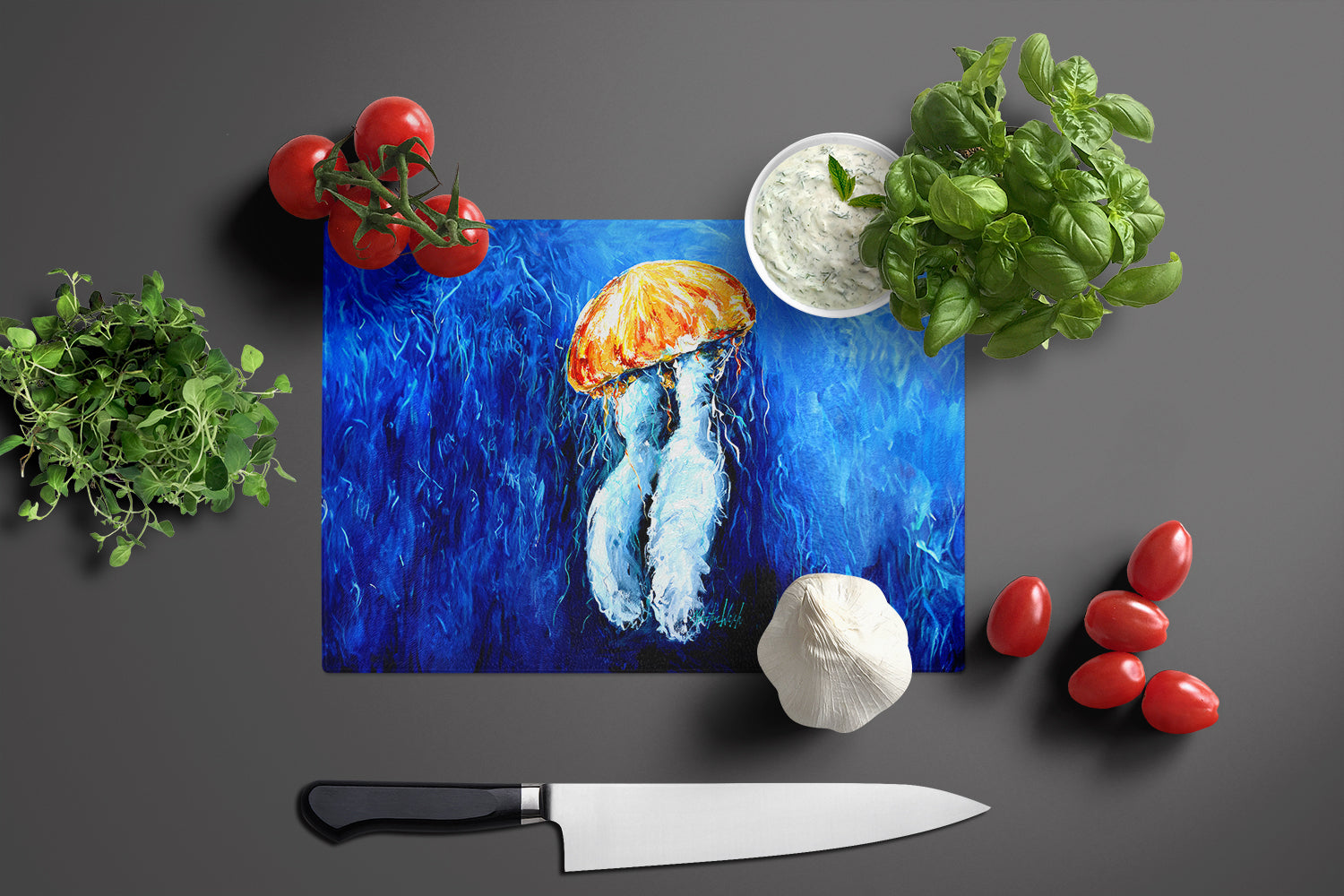 Fanta Sea Jellyfish Cutting Board Tempered Glass Kitchen Cutting Surface, Heat Resistant Chopping, Non-Slip Feet, Food Prep & Serving