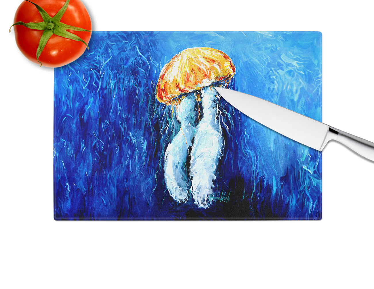 Fanta Sea Jellyfish Cutting Board Tempered Glass Kitchen Cutting Surface, Heat Resistant Chopping, Non-Slip Feet, Food Prep & Serving