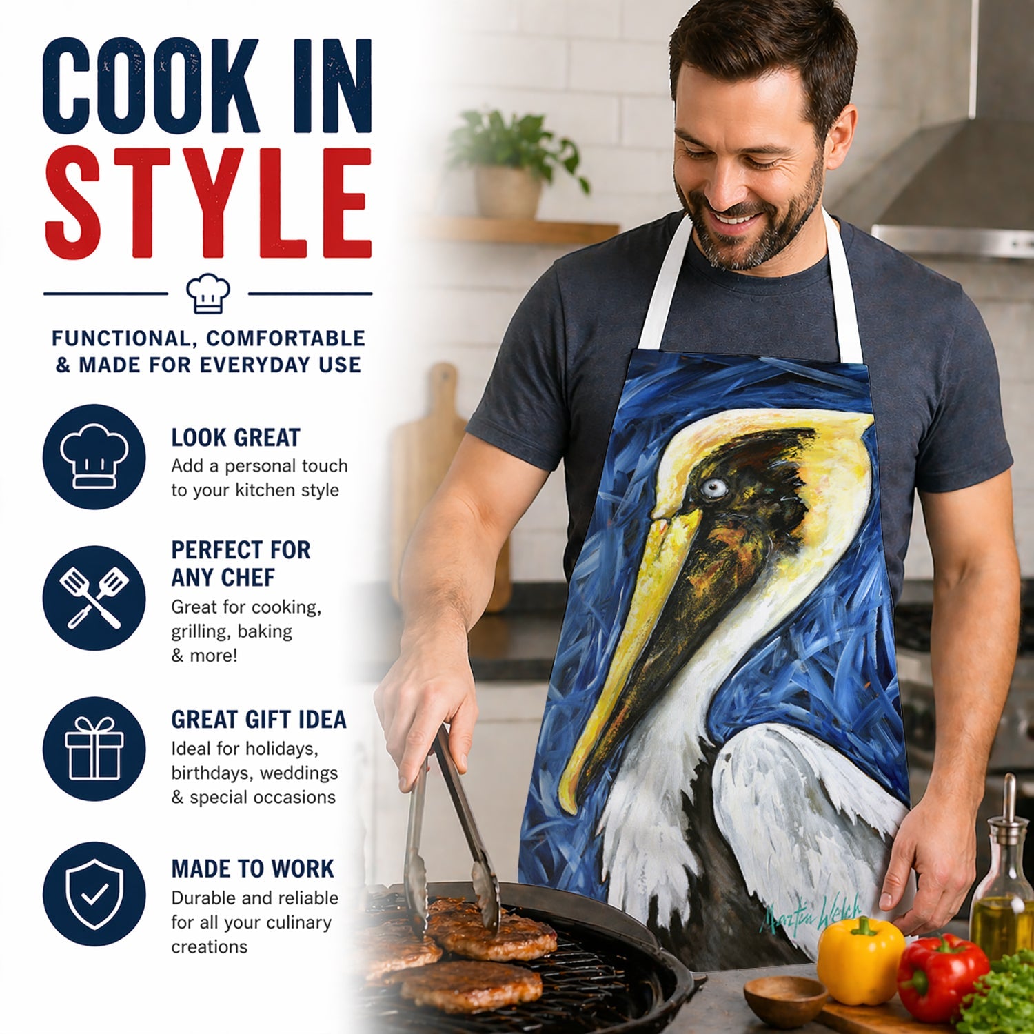 Fierce Pelican Apron Cooking Kitchen Server Baking Crafts Gardening for Adult Women Men, Unisex, Large, Multicolor