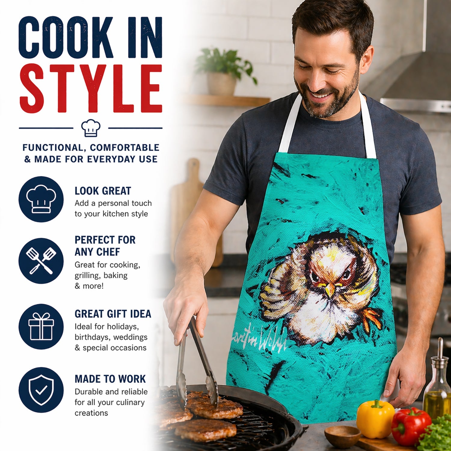Fiest Chic Bird Apron Cooking Kitchen Server Baking Crafts Gardening for Adult Women Men, Unisex, Large, Multicolor