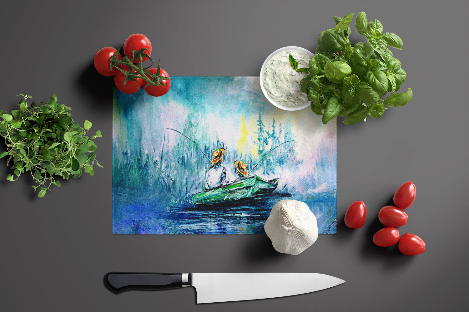 Fishing On The Bayou Cutting Board Tempered Glass Kitchen Cutting Surface, Heat Resistant Chopping, Non-Slip Feet, Food Prep & Serving
