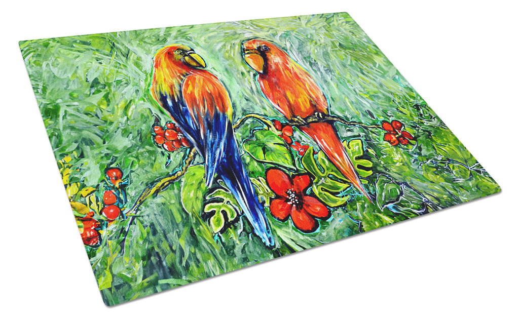Fred and Freda Parrots Cutting Board Tempered Glass Kitchen Cutting Surface, Heat Resistant Chopping, Non-Slip Feet, Food Prep & Serving
