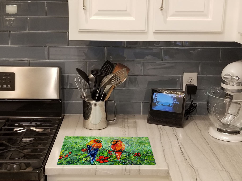 Fred and Freda Parrots Cutting Board Tempered Glass Kitchen Cutting Surface, Heat Resistant Chopping, Non-Slip Feet, Food Prep & Serving