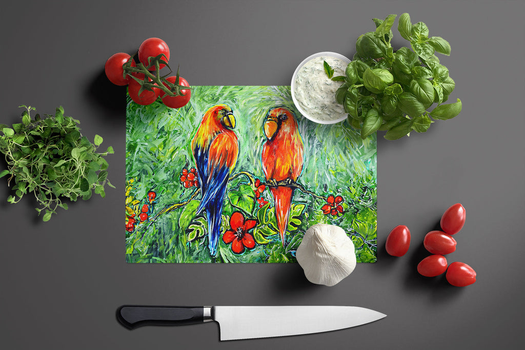 Fred and Freda Parrots Cutting Board Tempered Glass Kitchen Cutting Surface, Heat Resistant Chopping, Non-Slip Feet, Food Prep & Serving
