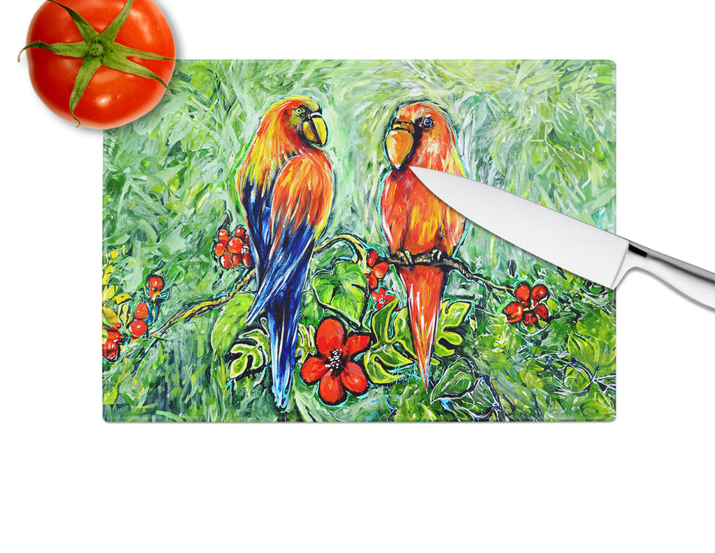 Fred and Freda Parrots Cutting Board Tempered Glass Kitchen Cutting Surface, Heat Resistant Chopping, Non-Slip Feet, Food Prep & Serving