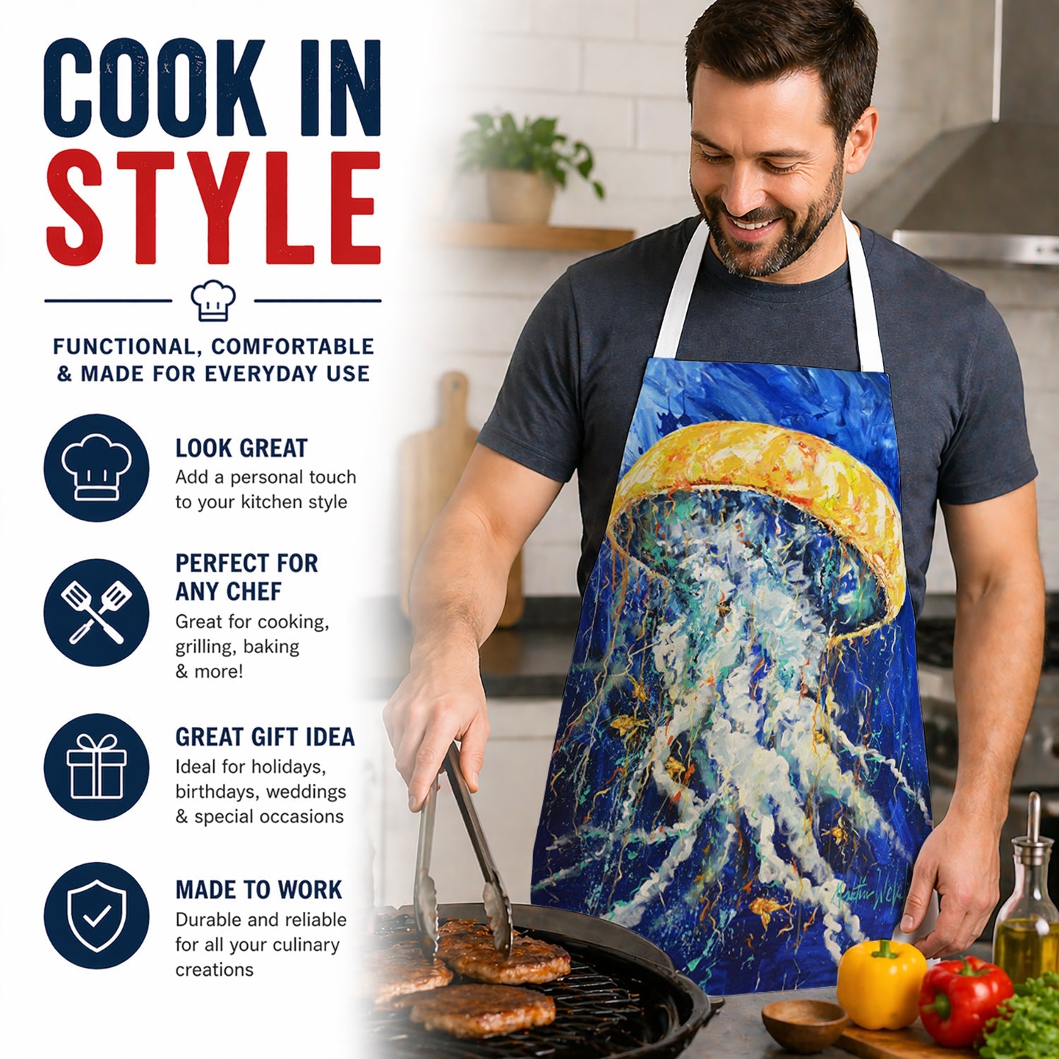 Free Fall Jellyfish Apron Cooking Kitchen Server Baking Crafts Gardening for Adult Women Men, Unisex, Large, Multicolor