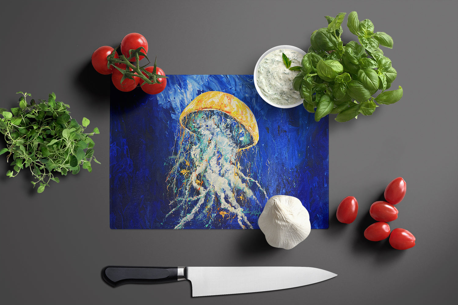 Free Fall Jellyfish Cutting Board Tempered Glass Kitchen Cutting Surface, Heat Resistant Chopping, Non-Slip Feet, Food Prep & Serving