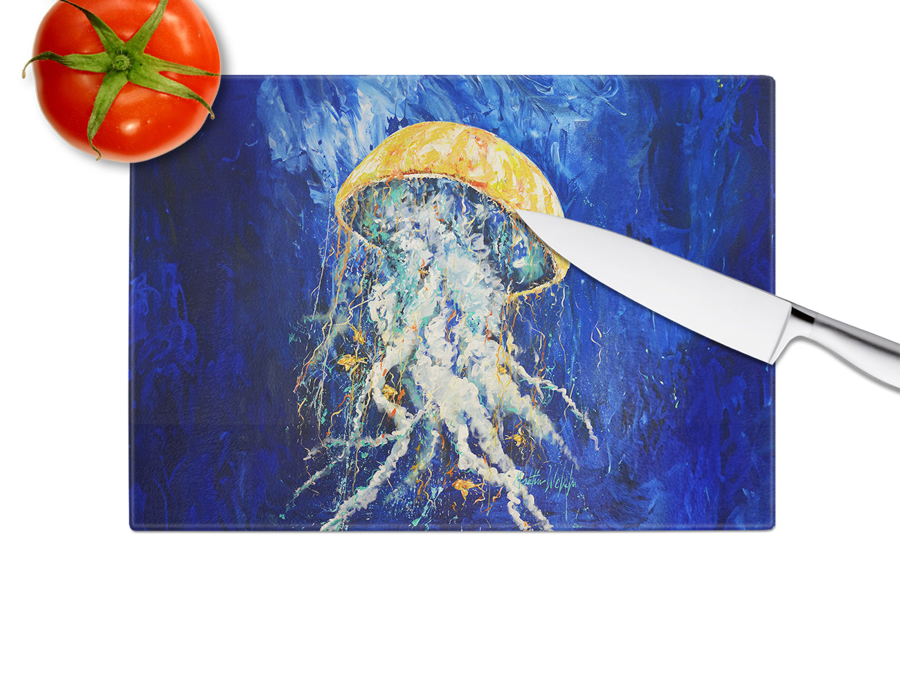 Free Fall Jellyfish Cutting Board Tempered Glass Kitchen Cutting Surface, Heat Resistant Chopping, Non-Slip Feet, Food Prep & Serving