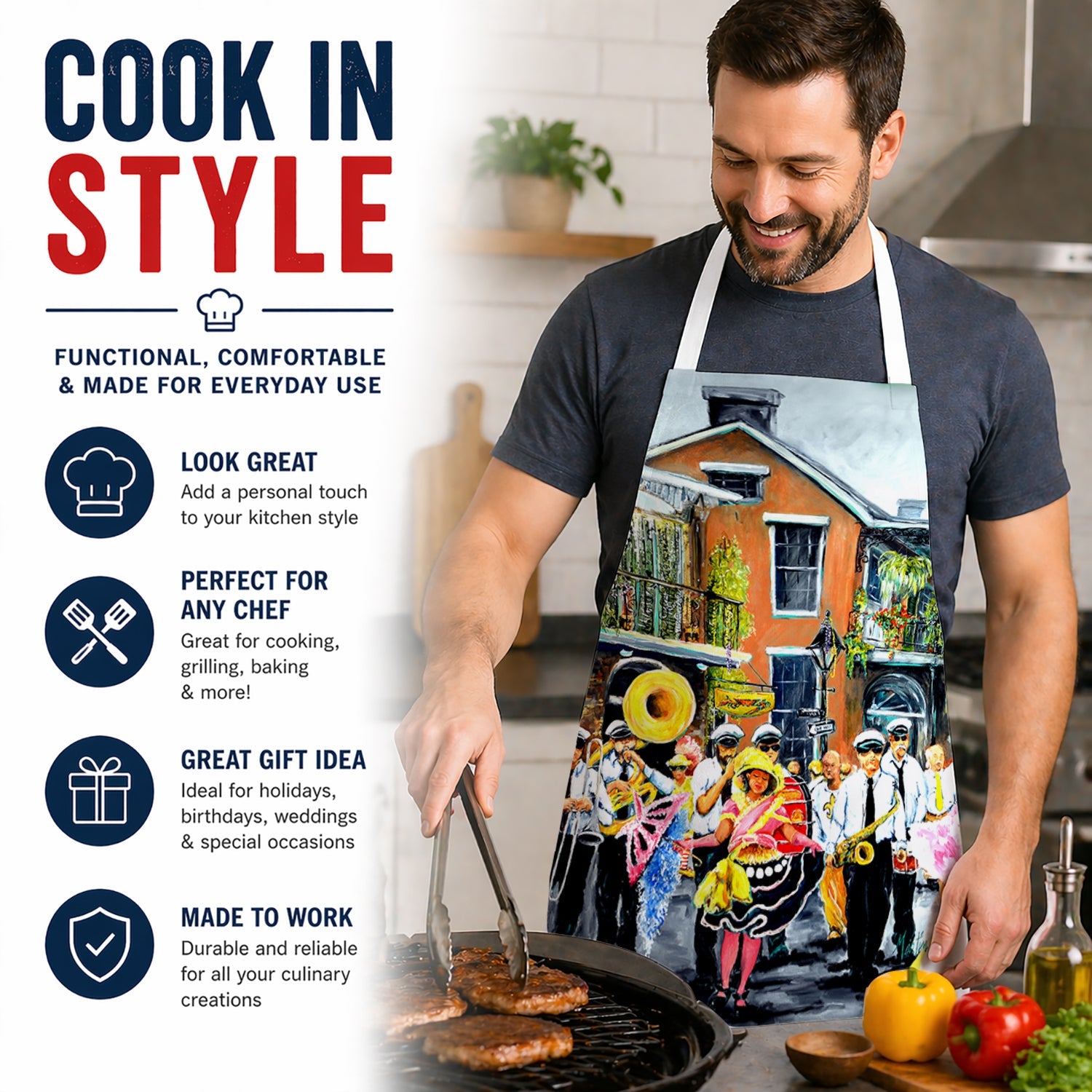 French Quarter Frolic Apron Cooking Kitchen Server Baking Crafts Gardening for Adult Women Men, Unisex, Large, Multicolor