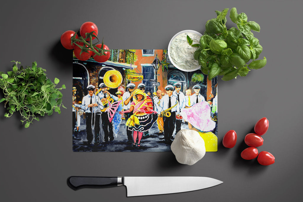 French Quarter Frolic Cutting Board Tempered Glass Kitchen Cutting Surface, Heat Resistant Chopping, Non-Slip Feet, Food Prep & Serving