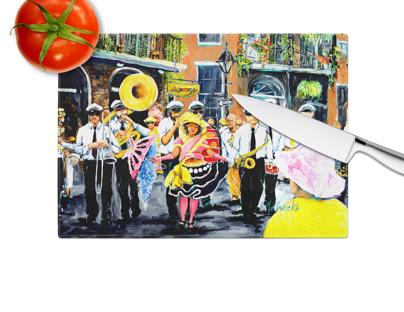 French Quarter Frolic Cutting Board Tempered Glass Kitchen Cutting Surface, Heat Resistant Chopping, Non-Slip Feet, Food Prep & Serving