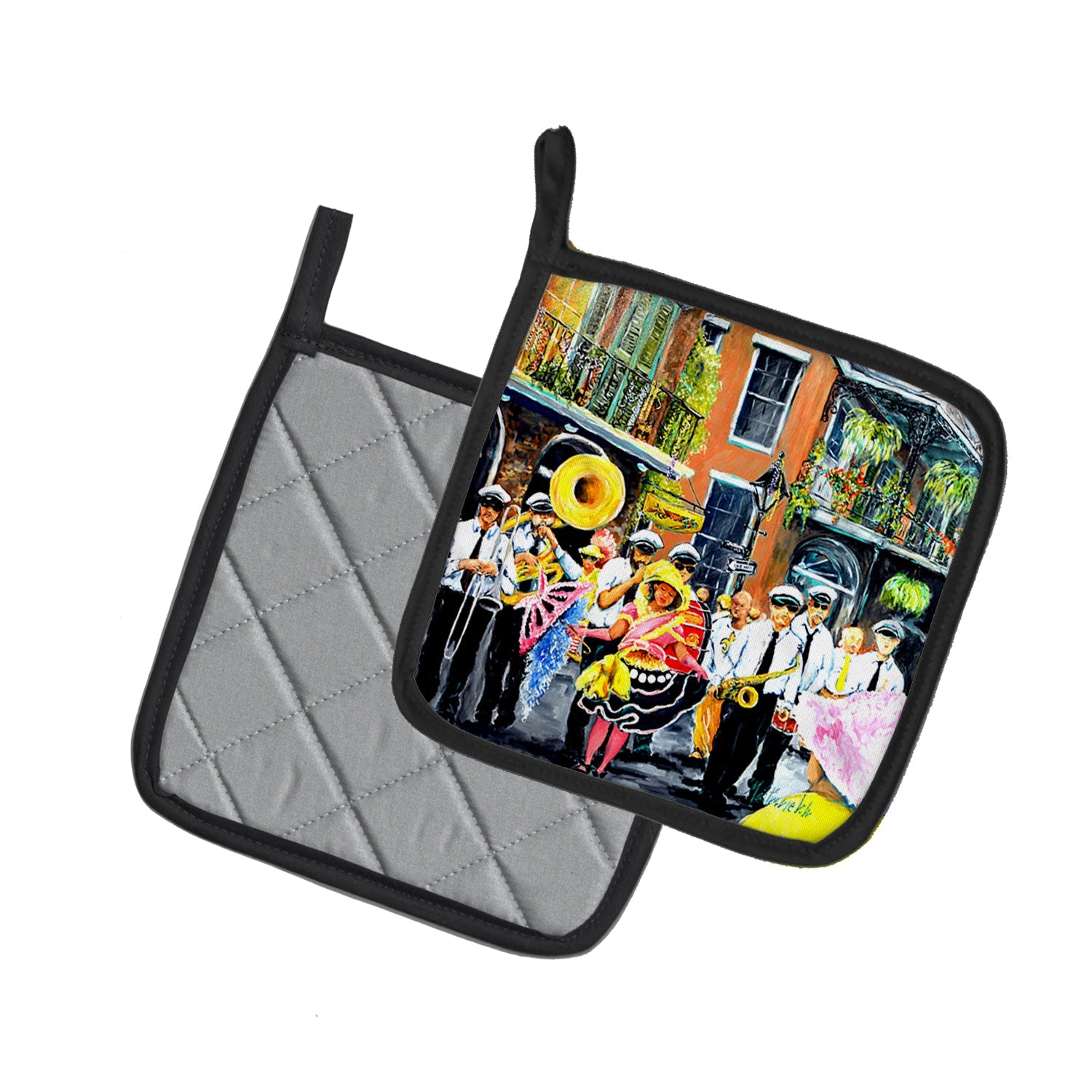 French Quarter Frolic Pot Holder Set of 2 Heat Resistant Quilted Hot Pads 7.5 x 7.5 Inch, Insulated Kitchen Trivets for Cooking & Baking