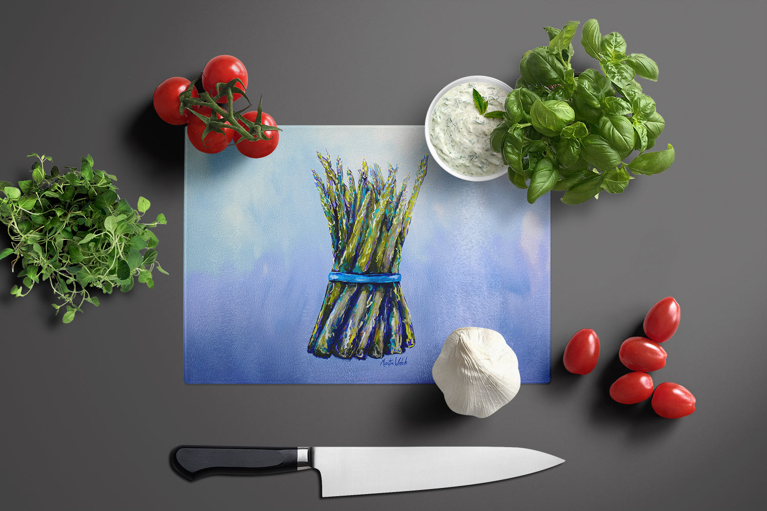 Fresh Bunch Asparagus Cutting Board Tempered Glass Kitchen Cutting Surface, Heat Resistant Chopping, Non-Slip Feet, Food Prep & Serving