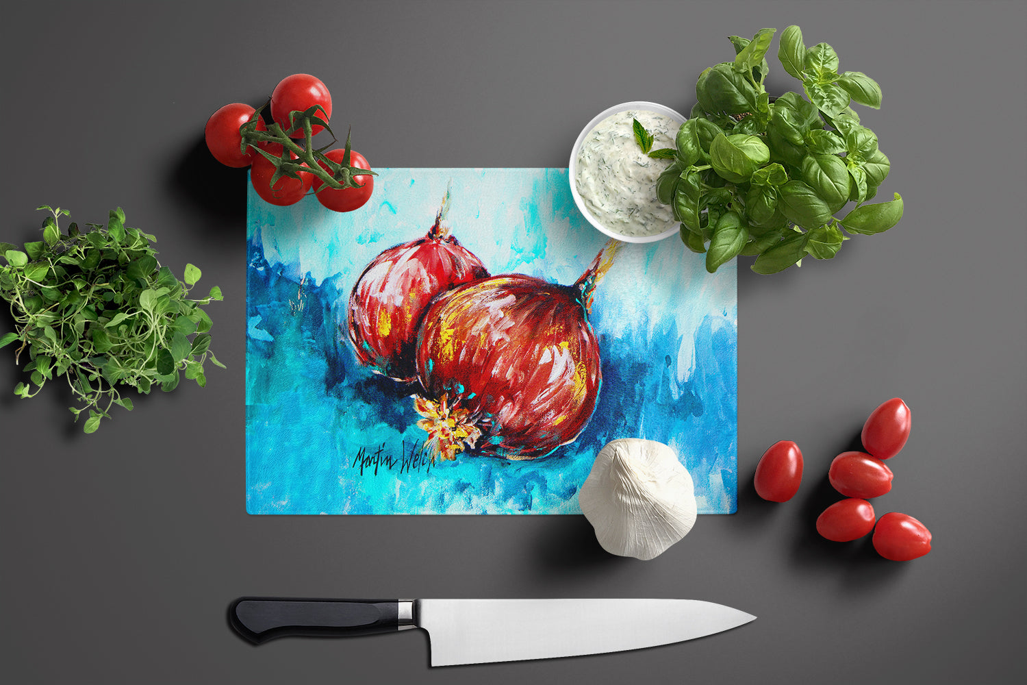 Onion Funions Cutting Board Tempered Glass Kitchen Cutting Surface, Heat Resistant Chopping, Non-Slip Feet, Food Prep & Serving