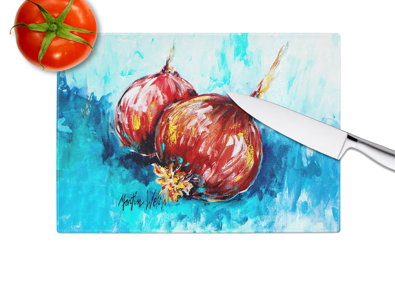 Onion Funions Cutting Board Tempered Glass Kitchen Cutting Surface, Heat Resistant Chopping, Non-Slip Feet, Food Prep & Serving