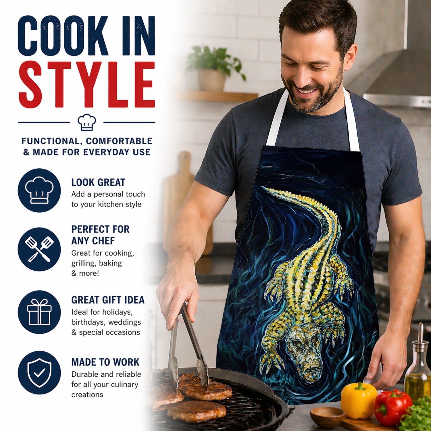 Gator Down Alligator Apron Cooking Kitchen Server Baking Crafts Gardening for Adult Women Men, Unisex, Large, Multicolor