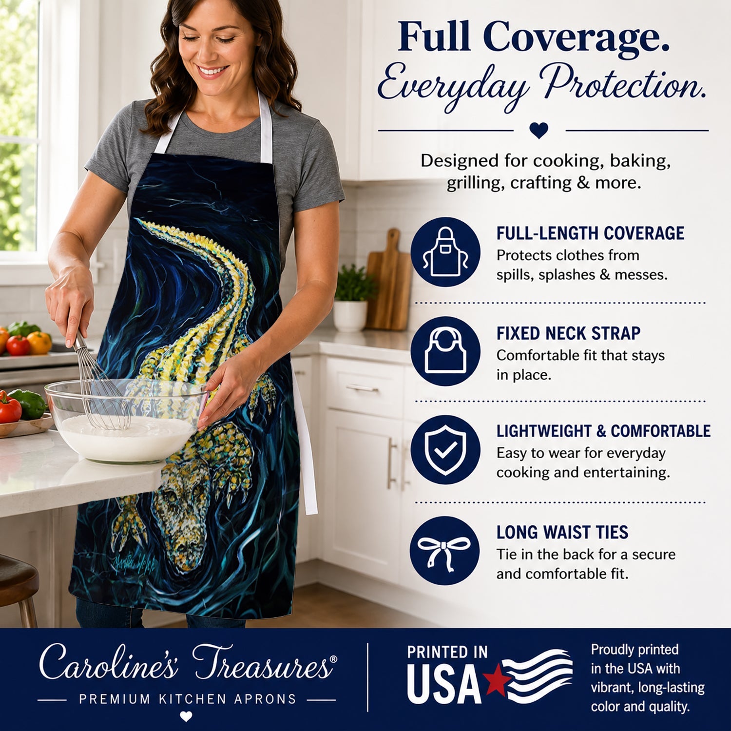Gator Down Alligator Apron Cooking Kitchen Server Baking Crafts Gardening for Adult Women Men, Unisex, Large, Multicolor