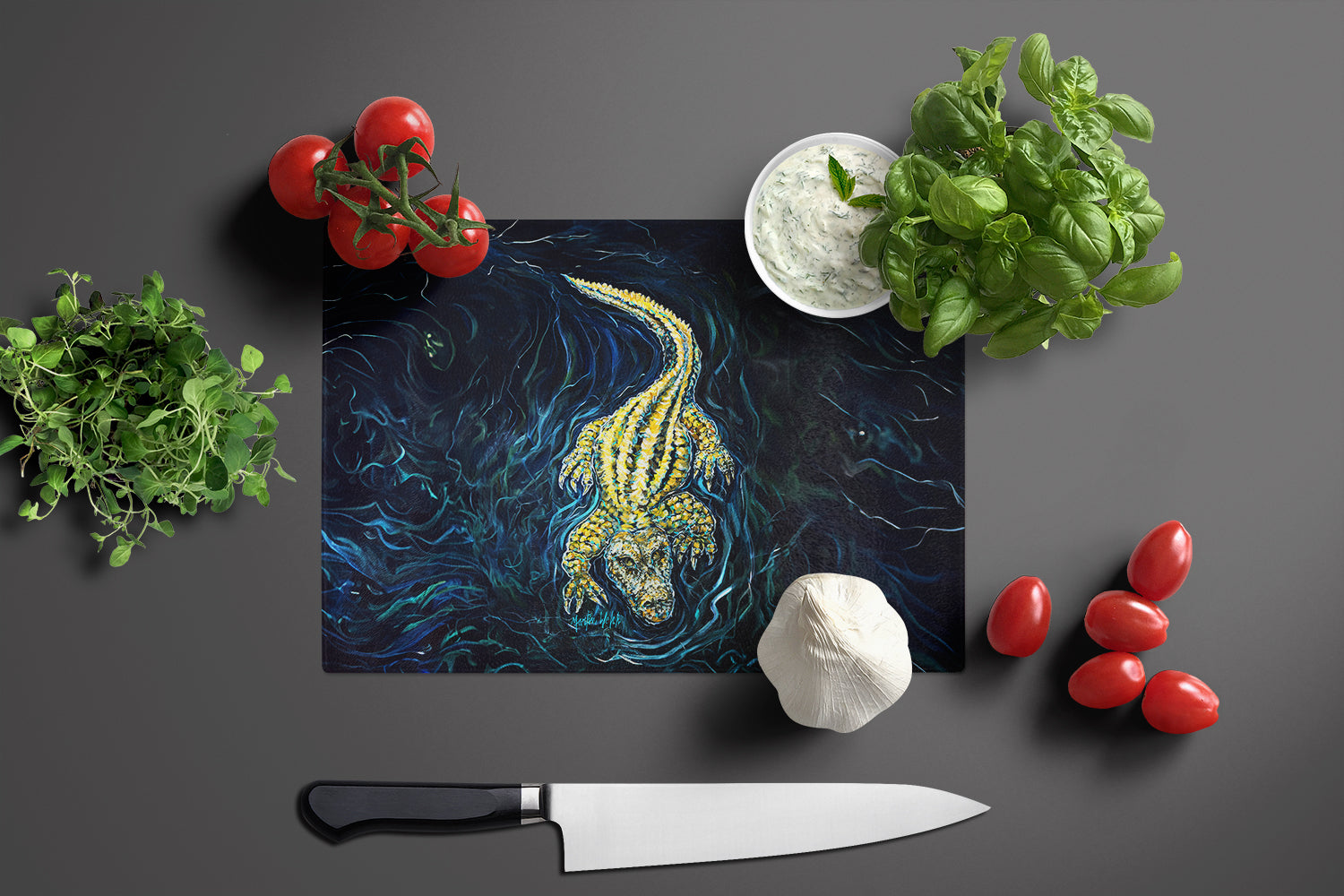 Gator Down Alligator Cutting Board Tempered Glass Kitchen Cutting Surface, Heat Resistant Chopping, Non-Slip Feet, Food Prep & Serving