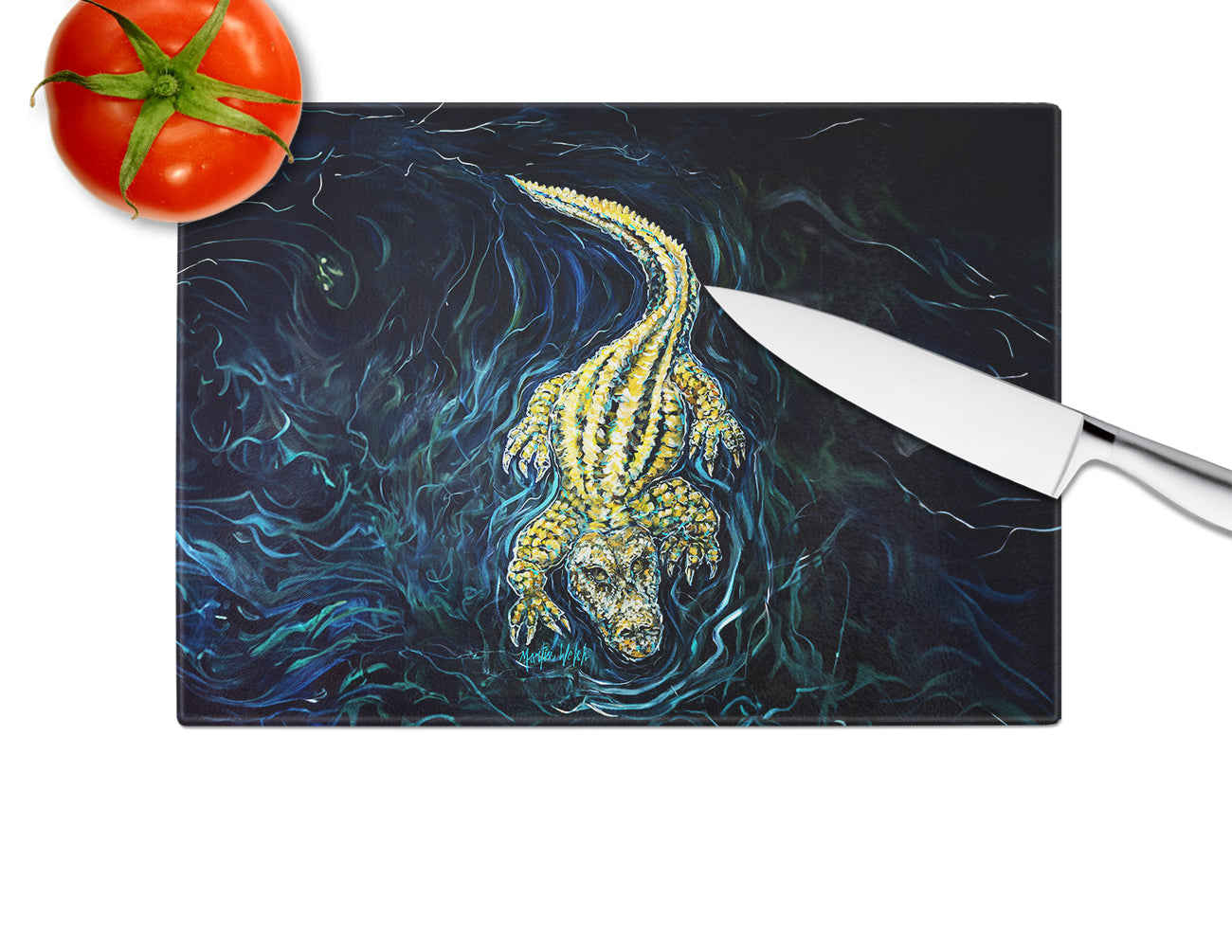 Gator Down Alligator Cutting Board Tempered Glass Kitchen Cutting Surface, Heat Resistant Chopping, Non-Slip Feet, Food Prep & Serving