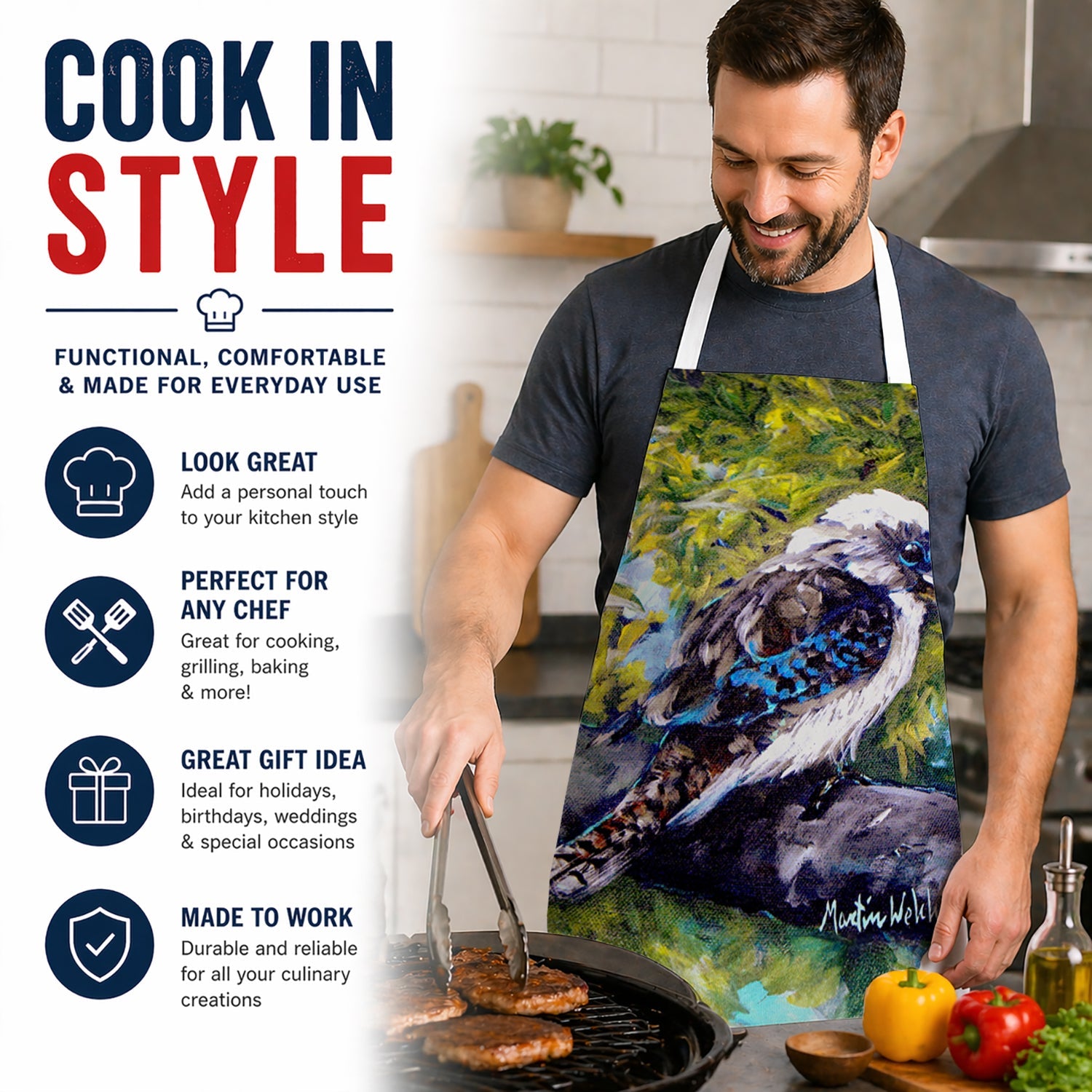 G'Day Mate Bird Apron Cooking Kitchen Server Baking Crafts Gardening for Adult Women Men, Unisex, Large, Multicolor