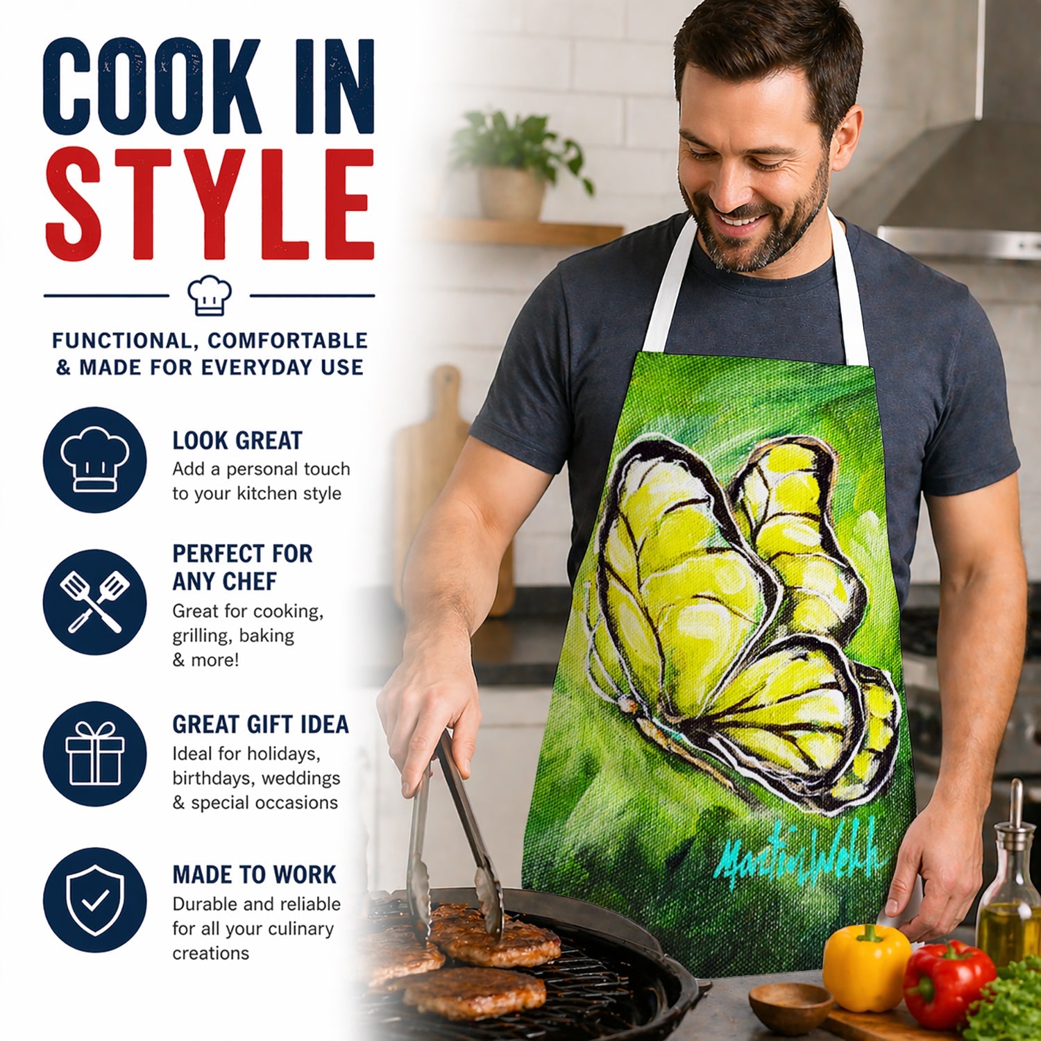 Glover Fly Sage Butterfly Apron Cooking Kitchen Server Baking Crafts Gardening for Adult Women Men, Unisex, Large, Multicolor
