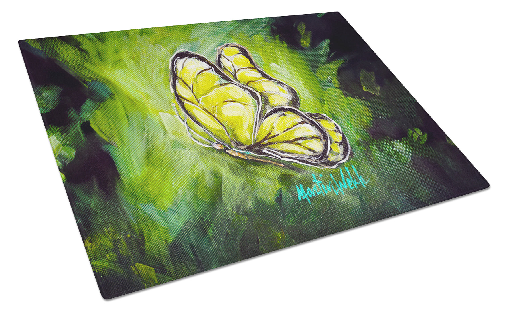 Glover Fly Sage Butterfly Cutting Board Tempered Glass Kitchen Cutting Surface, Heat Resistant Chopping, Non-Slip Feet, Food Prep & Serving