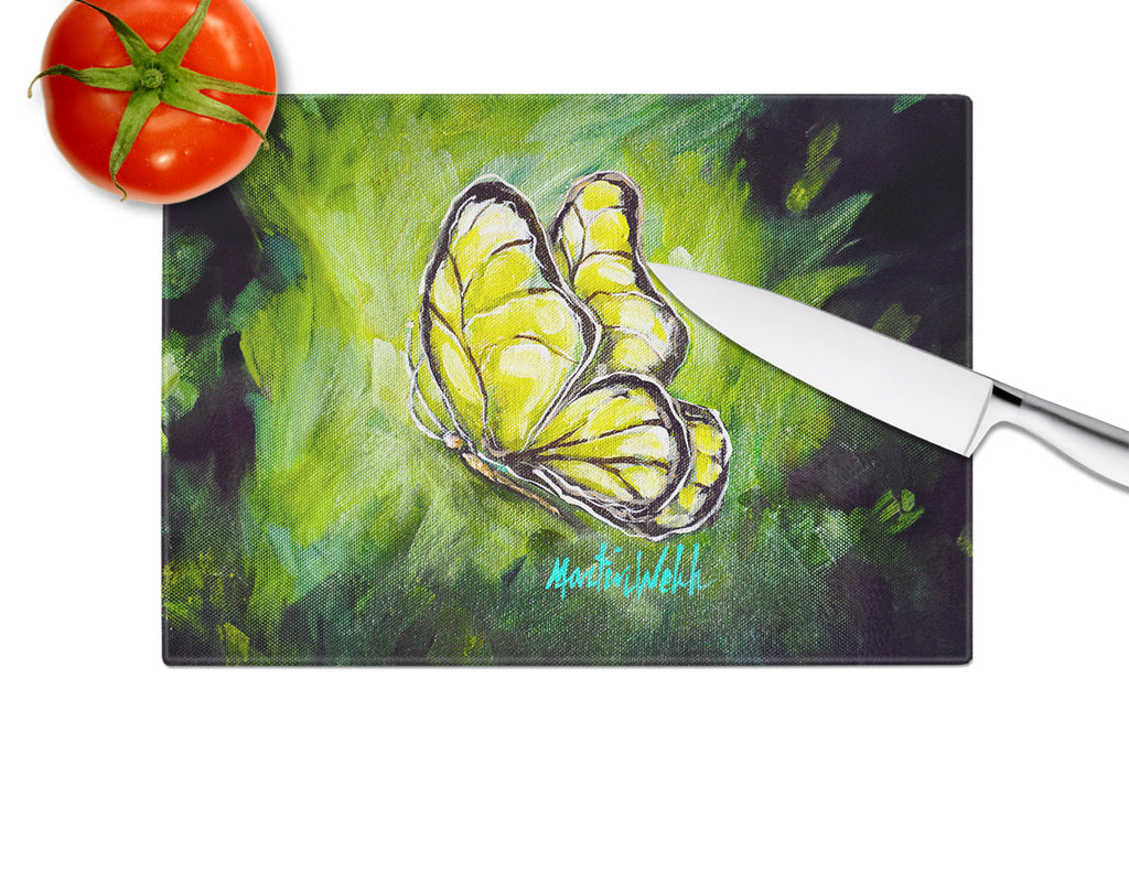 Glover Fly Sage Butterfly Cutting Board Tempered Glass Kitchen Cutting Surface, Heat Resistant Chopping, Non-Slip Feet, Food Prep & Serving