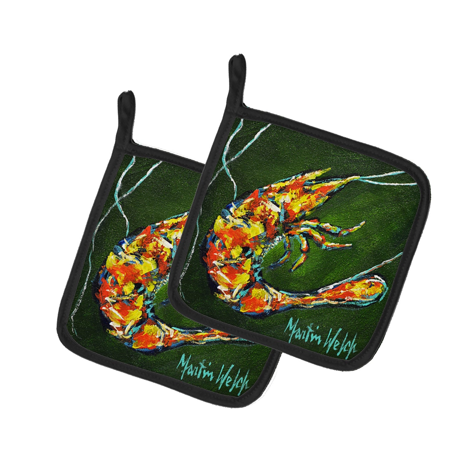 Green Waters Shrimp Pot Holder Set of 2 Heat Resistant Quilted Hot Pads 7.5 x 7.5 Inch, Insulated Kitchen Trivets for Cooking & Baking