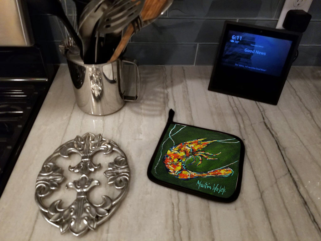 Green Waters Shrimp Pot Holder Set of 2 Heat Resistant Quilted Hot Pads 7.5 x 7.5 Inch, Insulated Kitchen Trivets for Cooking & Baking