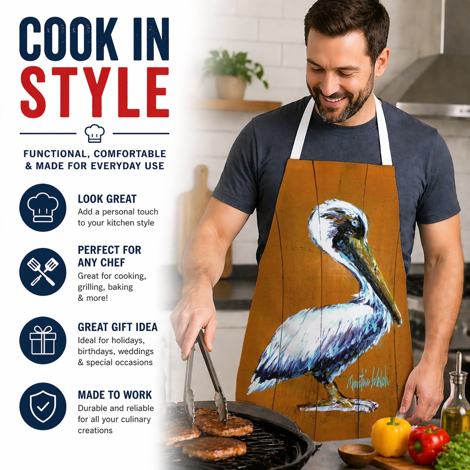 Hangin In Pelican Apron Cooking Kitchen Server Baking Crafts Gardening for Adult Women Men, Unisex, Large, Multicolor