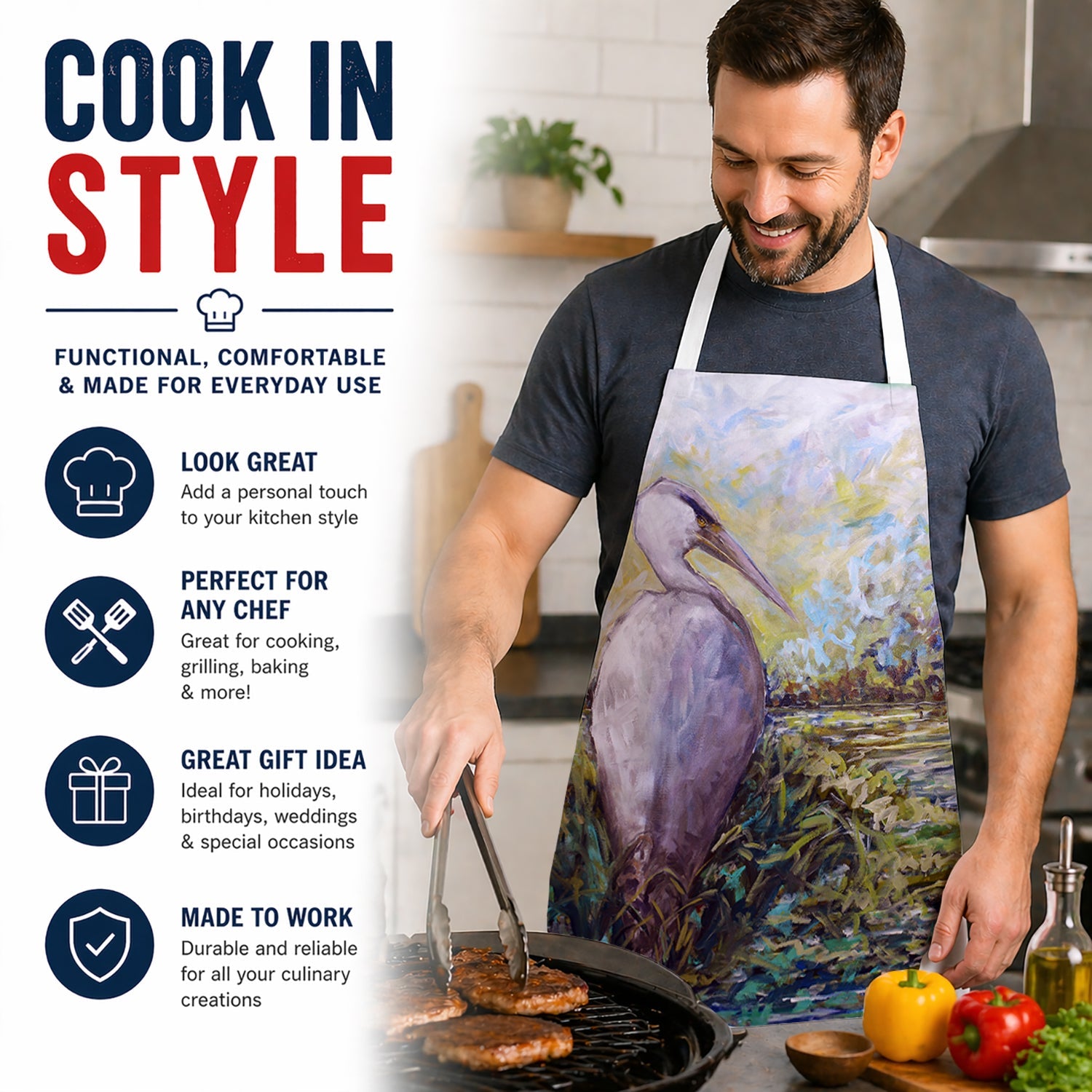 Heron in the Swamp Apron Cooking Kitchen Server Baking Crafts Gardening for Adult Women Men, Unisex, Large, Multicolor