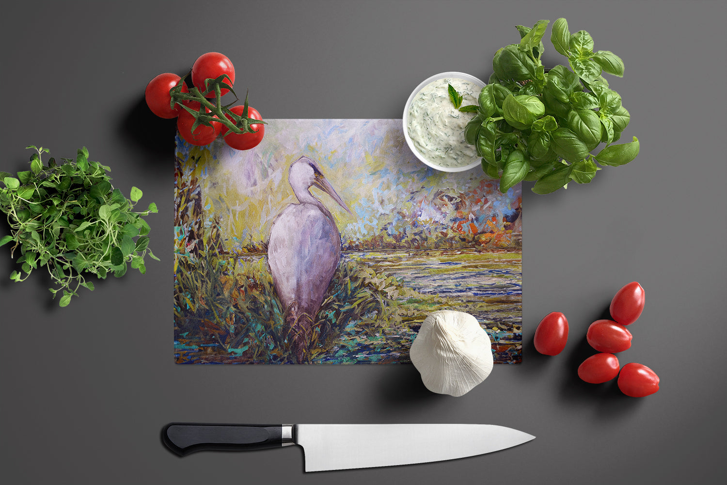 Heron in the Swamp Cutting Board Tempered Glass Kitchen Cutting Surface, Heat Resistant Chopping, Non-Slip Feet, Food Prep & Serving