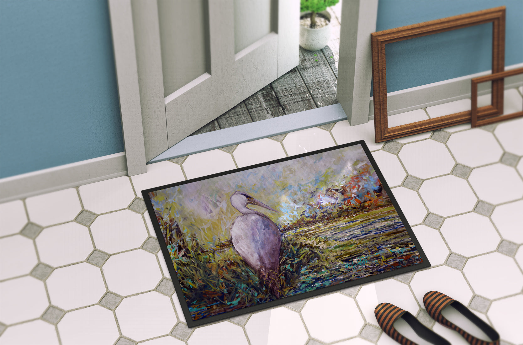 Heron in the Swamp Doormat Indoor Outdoor 18H X 27W Front Door Mat Rugs for Entryway, Non Slip Washable
