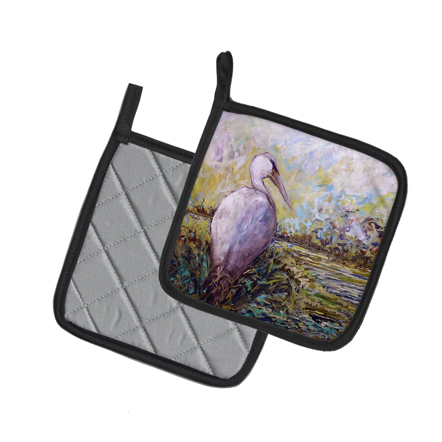 Heron in the Swamp Pot Holder Set of 2 Heat Resistant Quilted Hot Pads 7.5 x 7.5 Inch, Insulated Kitchen Trivets for Cooking & Baking