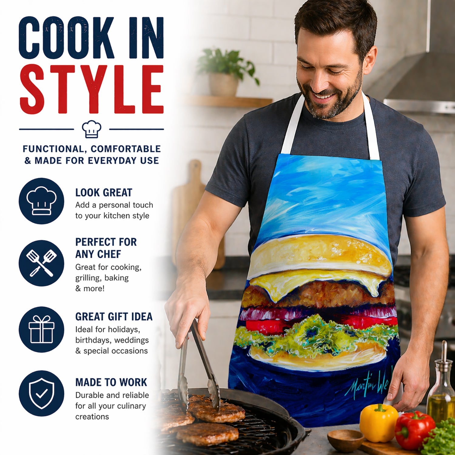 I Want Mine Dressed Hamburger Apron Cooking Kitchen Server Baking Crafts Gardening for Adult Women Men, Unisex, Large, Multicolor