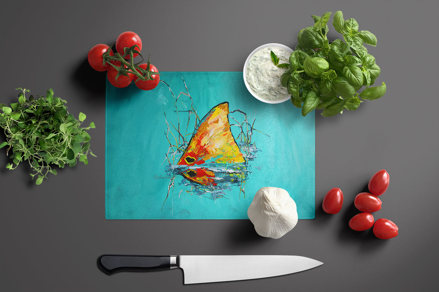 In The Marsh Red Fish Cutting Board Tempered Glass Kitchen Cutting Surface, Heat Resistant Chopping, Non-Slip Feet, Food Prep & Serving