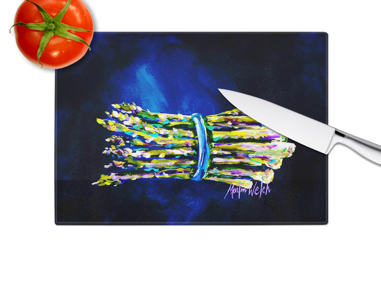 Jaimie's Bunch Asparagas Cutting Board Tempered Glass Kitchen Cutting Surface, Heat Resistant Chopping, Non-Slip Feet, Food Prep & Serving