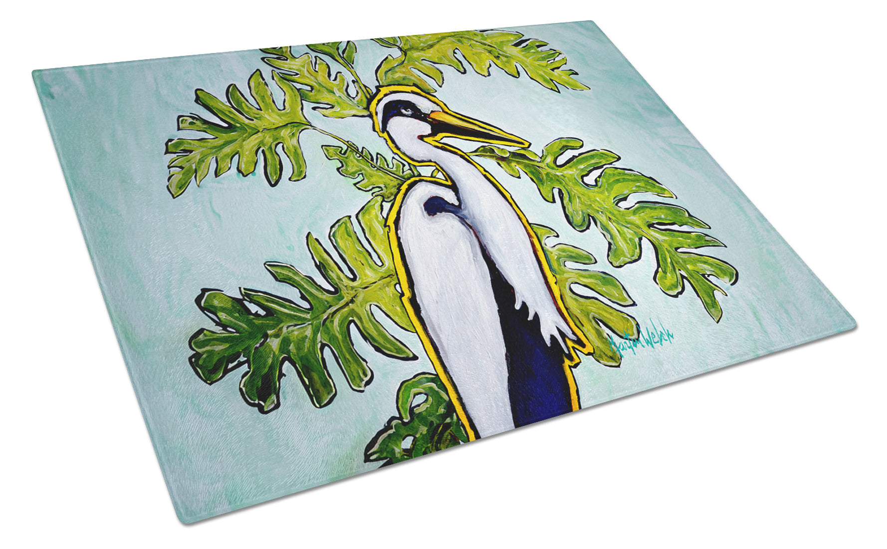 Jungle Fever Heron Cutting Board Tempered Glass Kitchen Cutting Surface, Heat Resistant Chopping, Non-Slip Feet, Food Prep & Serving