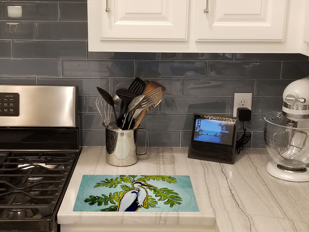 Jungle Fever Heron Cutting Board Tempered Glass Kitchen Cutting Surface, Heat Resistant Chopping, Non-Slip Feet, Food Prep & Serving