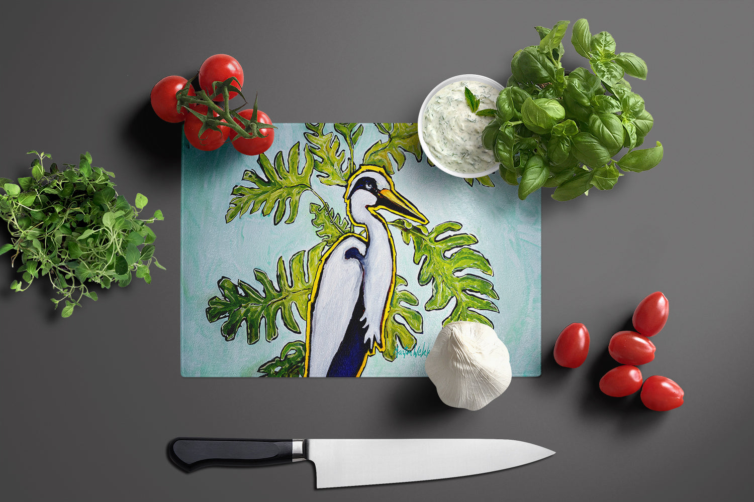 Jungle Fever Heron Cutting Board Tempered Glass Kitchen Cutting Surface, Heat Resistant Chopping, Non-Slip Feet, Food Prep & Serving