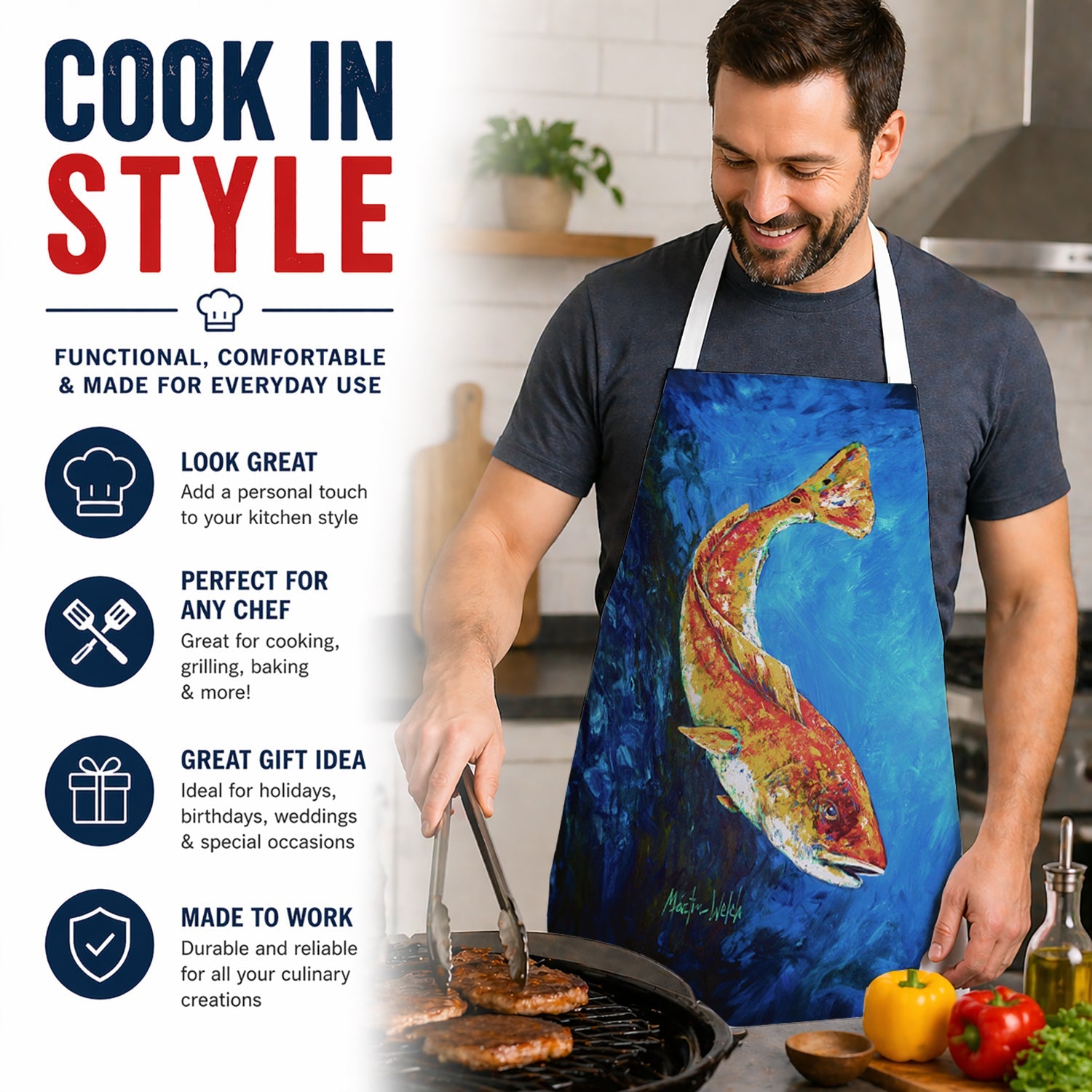 Katy Red Red Fish Apron Cooking Kitchen Server Baking Crafts Gardening for Adult Women Men, Unisex, Large, Multicolor