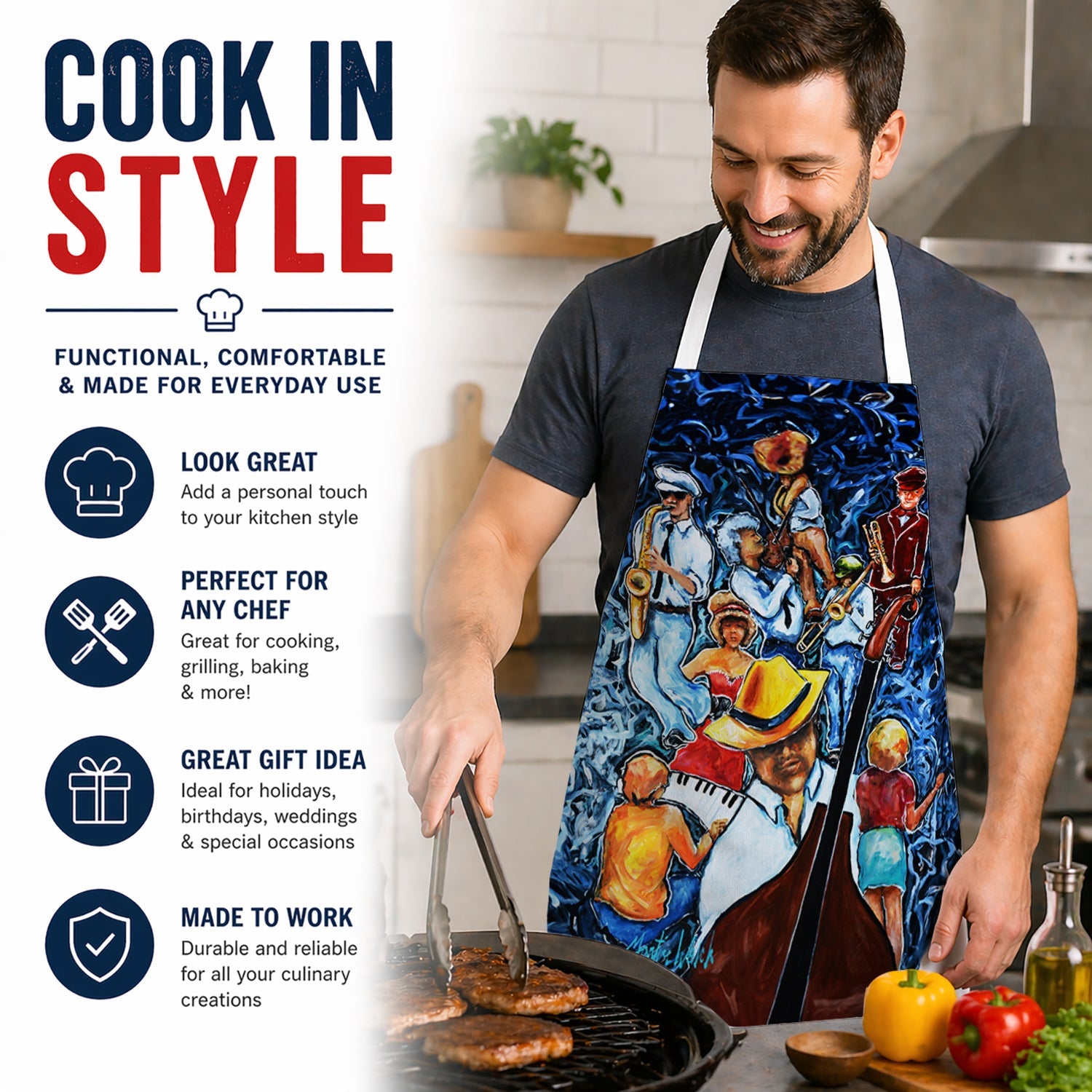 Kinda Jazzy Apron Cooking Kitchen Server Baking Crafts Gardening for Adult Women Men, Unisex, Large, Multicolor
