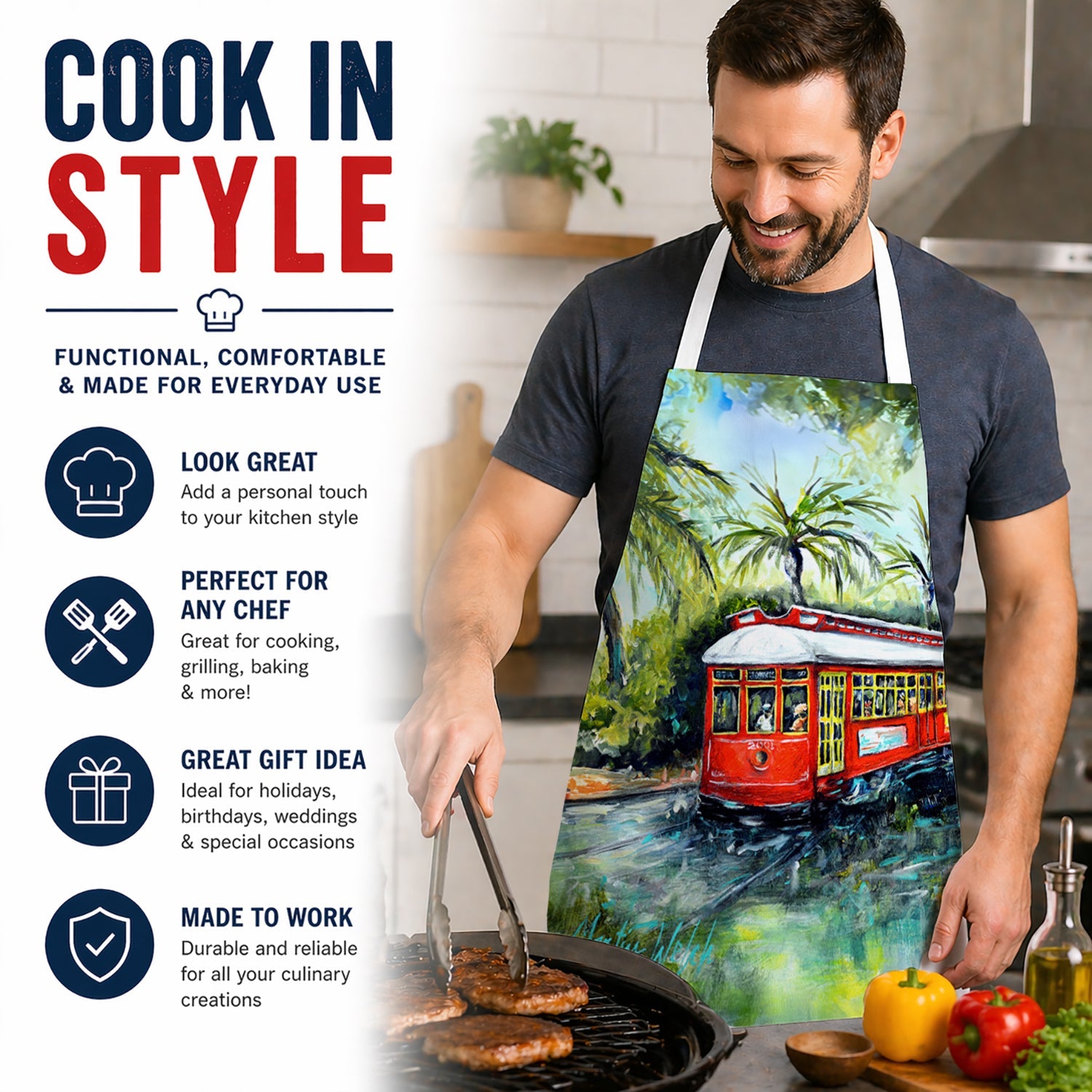 Little Red Street Car Apron Cooking Kitchen Server Baking Crafts Gardening for Adult Women Men, Unisex, Large, Multicolor