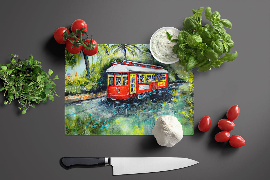 Little Red Street Car Cutting Board Tempered Glass Kitchen Cutting Surface, Heat Resistant Chopping, Non-Slip Feet, Food Prep & Serving